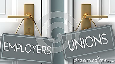 Unions or employers as a choice in life - pictured as words employers, unions on doors to show that employers and unions are Cartoon Illustration