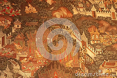 Unique Ancient Thai Buddhist Mural Paintings in Temple of Reclining Buddha Wat Pho Editorial Stock Photo