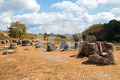 Unique archaeological landscape destroyed from cluster bombs - Plain of Jars. Phonsovan, Xieng Khouang Province, Laos Stock Photo