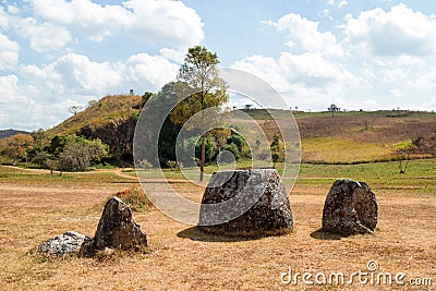 Unique archaeological landscape destroyed from cluster bombs - Plain of Jars. Phonsovan, Xieng Khouang Province, Laos Stock Photo
