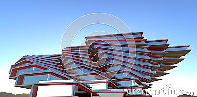 Unique architectural shape of the elite apartment building with console floors. Red LED day decor illumination. 3d rendering Stock Photo