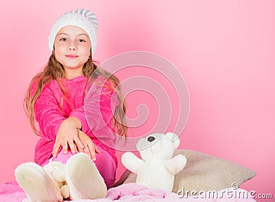 Unique attachments to stuffed animals. Teddy bears improve psychological wellbeing. Kid cute girl play with soft toy Stock Photo