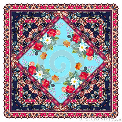 Unique bandana print with oriental ornament and floral pattern on sunny blue background Vector Illustration