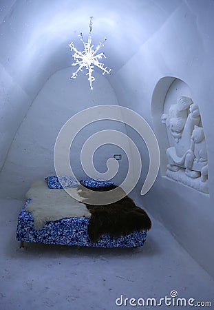 Unique beautifully decorated snow room in Snow Hotel at LumiLinna Snow Castle in Kemi, Finland Editorial Stock Photo