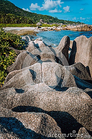 Unique big granite rocks in lush green foliage on hidden picturesque tropical coastline. Grand L Anse, La Digue Stock Photo