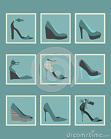 Unique blue women shoes square icons set Stock Photo