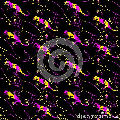 Unique of bright yellow pink gekko lizard doodle seamless pattern on black background. Abstract reptiles exotic hand drawn Cartoon Illustration