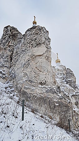Unique buildings of the Divnogorsk male cave monastery in central Russia. February 2020 Editorial Stock Photo