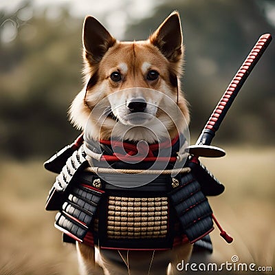 brave dog in the robe of a samurai knight Stock Photo