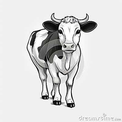 Unique Character Design: Cow Black White Vector Drawing Illustration Stock Photo