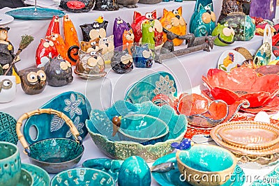 Unique clay products in the form of birds and animals Editorial Stock Photo