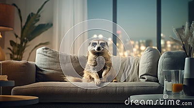 Unique cohabitation: a meerkat and a modern apartment. Stock Photo