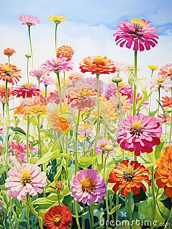 Unique and Colorful Watercolor Zinnia Field AI Generated Cartoon Illustration