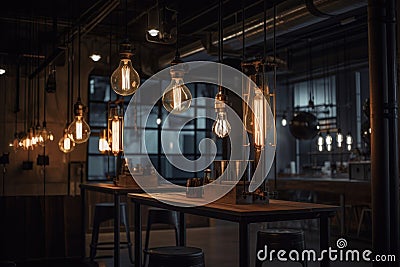 unique combination of modern and vintage lighting in industrial setting Stock Photo