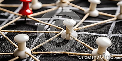 Connection Concept with Push Pins and String on a Black Background Representing Communication Stock Photo