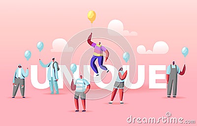 Unique Concept. Male Character in Colorful Rainbow Clothes Flying on Yellow Balloon above Crowd of People Vector Illustration