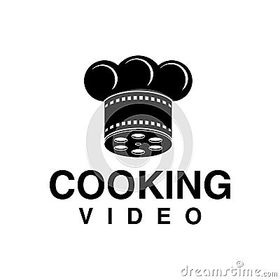 Unique and creative cooking video logo with film strip and chef hat Vector Illustration