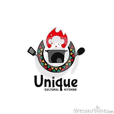 Unique cultural kitchen logo icon badge with hot pot, flame , cooking spatula utensil, and african abstract pattern Vector Illustration