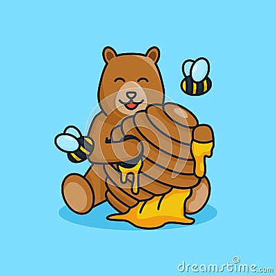 Unique Cute Bear Eating Honeycomb Funny, Smiling, Happy Flat Design Icon, Graphic Vector, Illustration, Cartoon Character, Vector Illustration