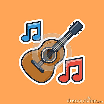 Unique cute guitar with a blue and red block notation logo Vector Illustration
