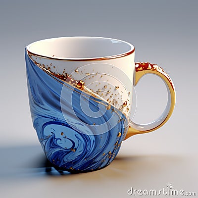 Unique 3d Blue Mug With Gold Swirls - Photorealistic Design Stock Photo