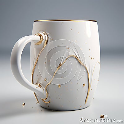 Unique 3d White Coffee Cup With Gold Dripping Water Stock Photo