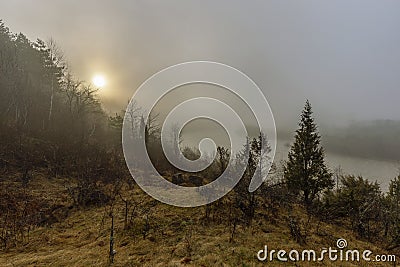 A unique dawn in the Carpathians with fog over a fast river. Stock Photo