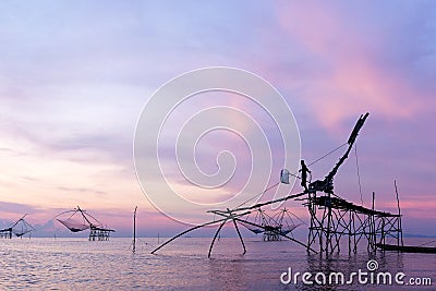 Fishermen catching prawns early morning in Phatthalung province, Thailand Editorial Stock Photo