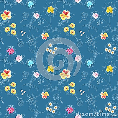 Unique floral pattern with white silhouette and colorful gardening flowers. Beautiful summer design Vector Illustration