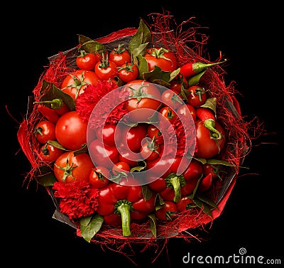 Unique gift handmade in the form of a bouquet consisting of a tomatoes, red peppers, bay leaves on a black background Stock Photo