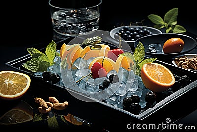 Unique Glassware and Vibrant Fruit Garnishes on Artisanal Cocktail at Bar Counter Stock Photo