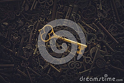 Unique gold key on pile of vintage skeleton keys. Concept for individual or uniqueness, unlocking potential, or stand out from the Stock Photo