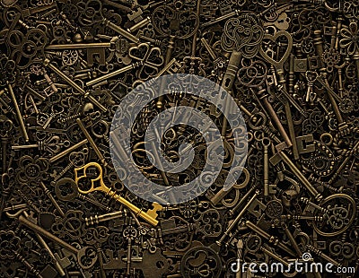 Unique gold key on pile of vintage skeleton keys. Concept for individual or uniqueness, unlocking potential, or stand out from the Stock Photo