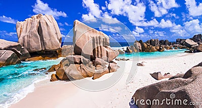 Unique granite rocky beach Anse Marron in La Digue island, Seych Stock Photo