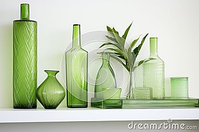 unique, green glass decor items on a white shelf Stock Photo