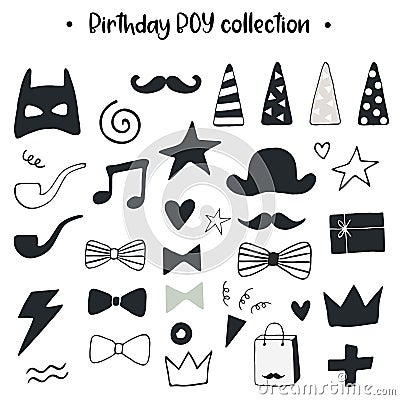 Unique hand drawn birthday boy collection. Set of holiday elements. Monochrome decorations in scandinavian style. Vector Illustration