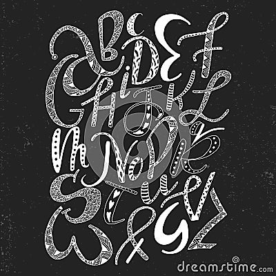 Unique hand drawn latin alphabet with doodle ornament. Cute comic font in boho style. ABC letters square poster. Cartoon Illustration