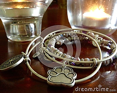 Unique handcrafted silver bracelets charms, crystals Stock Photo