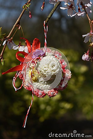 Unique handmade crocheted martisor, a Romanian spring tradition. Stock Photo