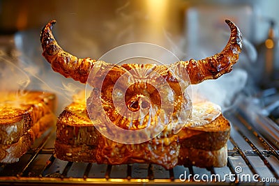 Unique Horned Bread Loaf Hot from the Oven with Steam Rising on a Warm Kitchen Background Stock Photo