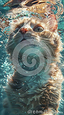 underwater cat swimming distortion Stock Photo