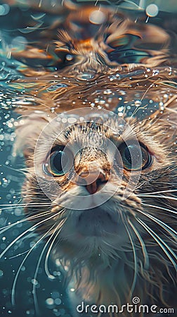 underwater cat swimming distortion Stock Photo