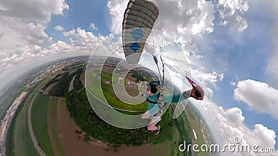 Unique images of a parachutist making selfie. Stock Photo