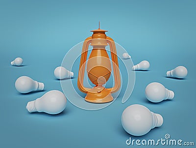 Unique Kerosene lamp among many incandescent bulbs. 3d rendering Stock Photo