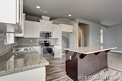 Unique kitchen with gray hardwood floor. Stock Photo