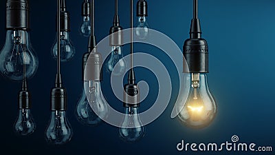 Unique, leadership, new idea concept - One light bulb lamp glowing different and standing out from other light bulbs lamps Stock Photo