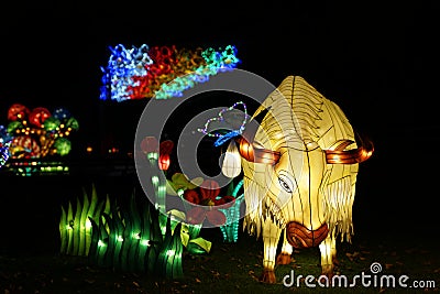 Fountain with an unique light decoration of a highland cow. Editorial Stock Photo