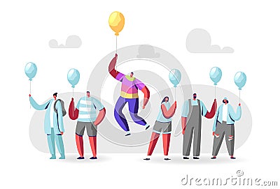 Unique Male Character in Colorful Rainbow Clothes Flying on Yellow Balloon above Crowd of People in Identical Shirts Vector Illustration