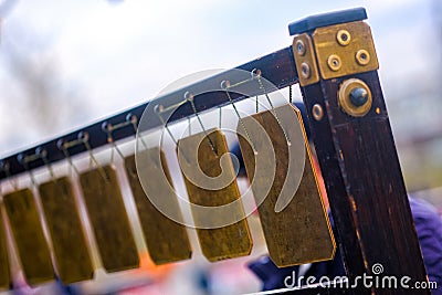 Unique metal xylophone, street musician Stock Photo