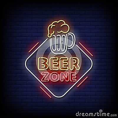 Neon Sign beer zone with brick wall background vector Vector Illustration